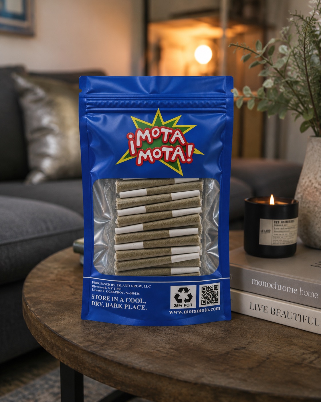 Mota Mota preroll bag at home on the coffee table